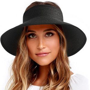 Roll-up Travel Wide Brim Straw Sun Hat Black